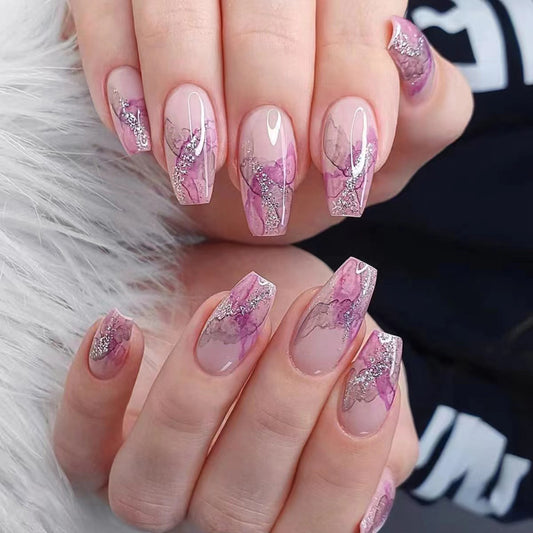 Dreamy Blossom Long Coffin Light Pink Press On Nail Set with Glitter Marble Design