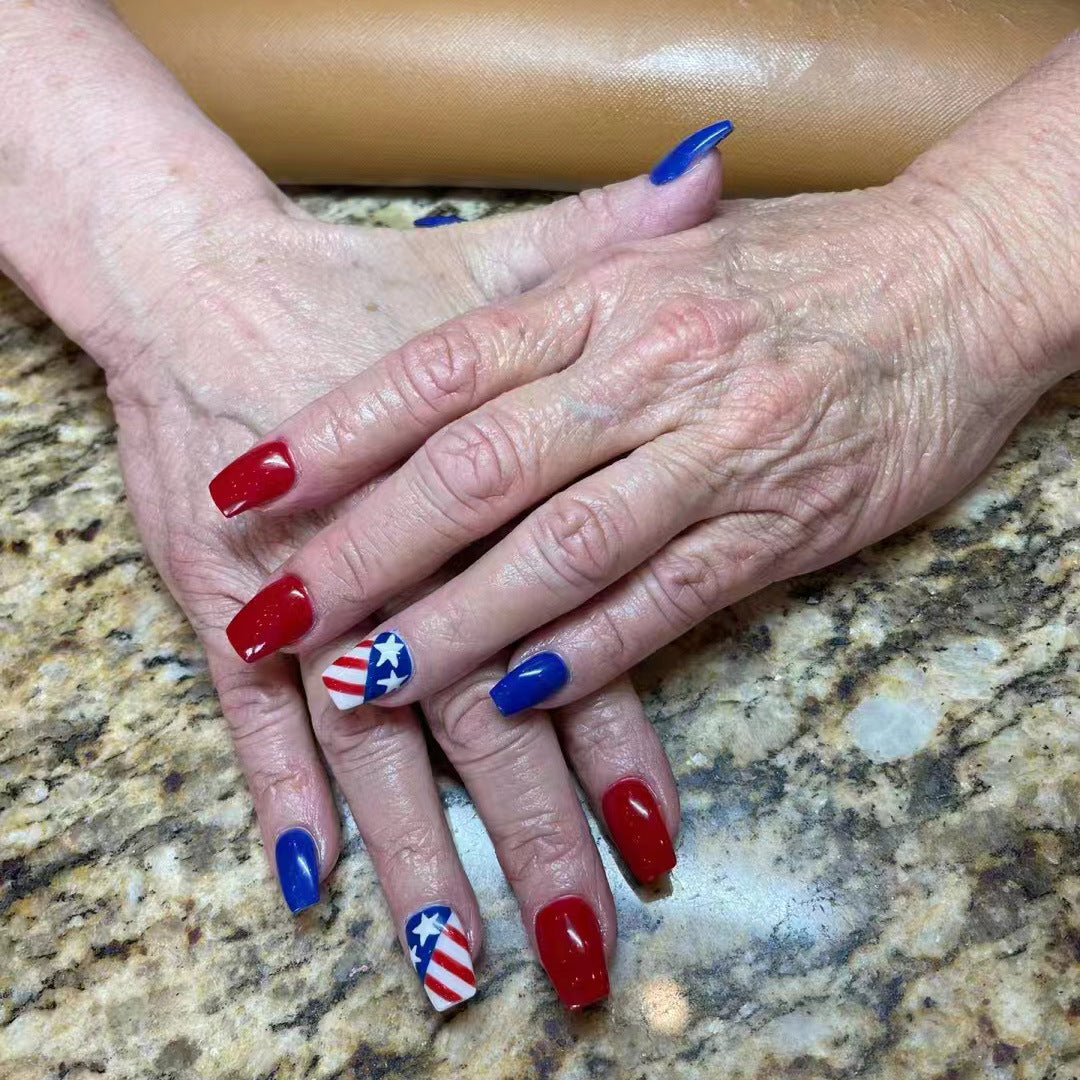 Patriotic Pride Medium Coffin Press On Nails in Classic Red and Blue with Stars and Stripes Accent Design