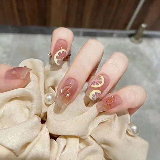 Citrus Bliss Long Square Pink Gradient Press On Nail Set with Fruit Slice Designs