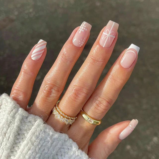 Winter Wonderland Long Square White and Pink Press On Nail Set with Elegant Holiday Designs