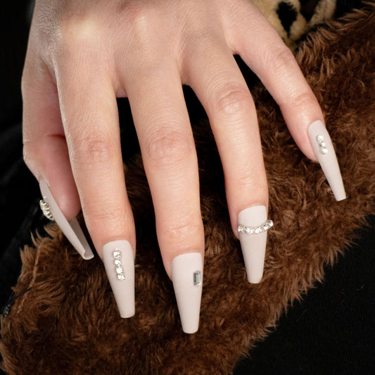 Glamorous Chic Long Coffin Matte Beige Press On Nail Set with Bling Embellishments