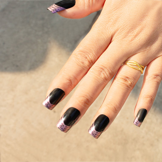 Mystical Night Ombre Long Square Black and Purple Press On Nail Set with Unique Gradient Tips