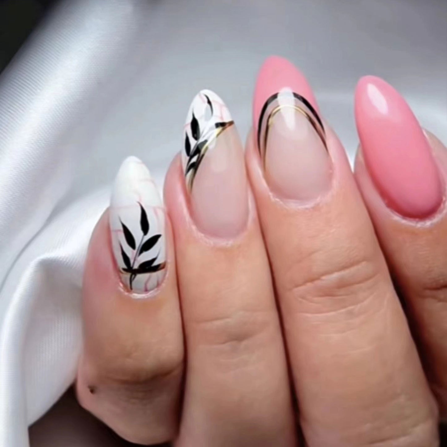 Botanical Bliss Long Almond Pink and White Press On Nail Set with Floral Accents and Gold Detailing