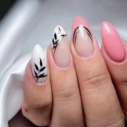 Botanical Bliss Long Almond Pink and White Press On Nail Set with Floral Accents and Gold Detailing