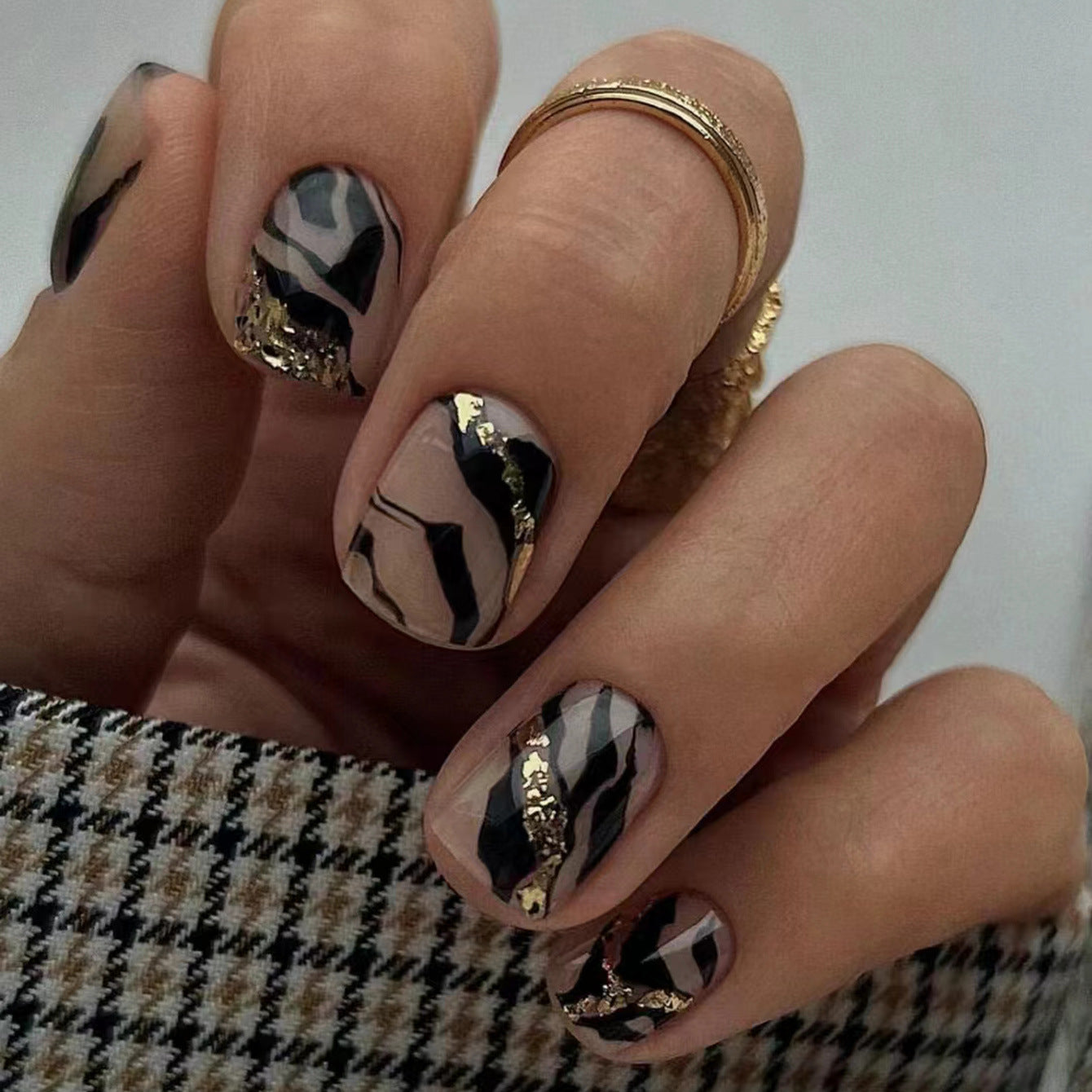 Chic Elegance Short Square Beige Press On Nail Set with Black and Gold Marble Accents