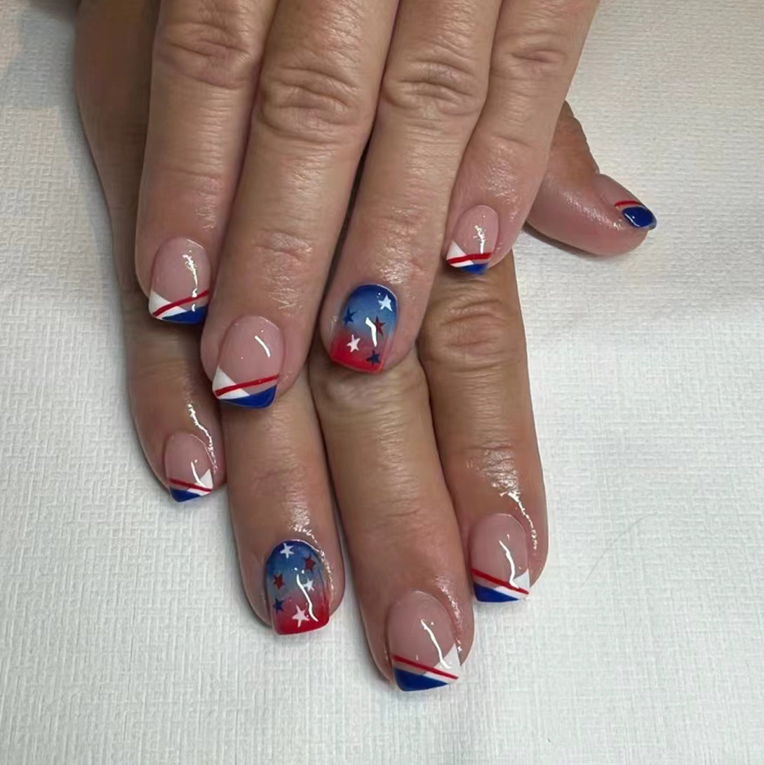 Patriotic Pride Short Square Red, White, and Blue Press On Nail Set with Star Accents
