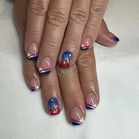 Patriotic Pride Short Square Red, White, and Blue Press On Nail Set with Star Accents