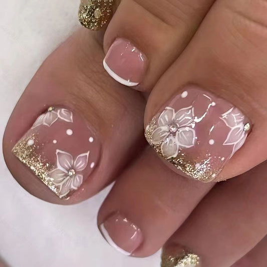 Floral Elegance Short Square Blush Pink Press On Nail Set with Gold Glitter Accents and Delicate Flower Design