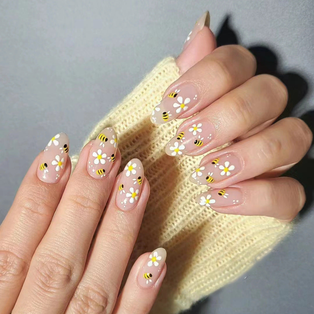 Bees and Blooms Extra Long Almond Shaped Beige Press On Nail Set with Floral and Bee Design