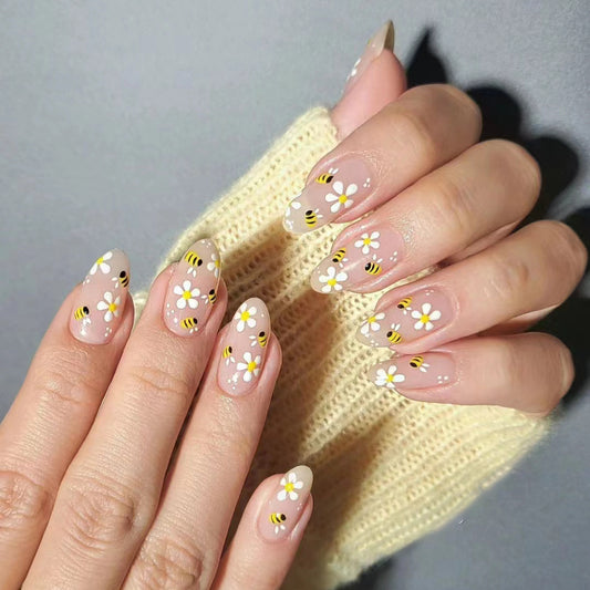 Bees and Blooms Extra Long Almond Shaped Beige Press On Nail Set with Floral and Bee Design