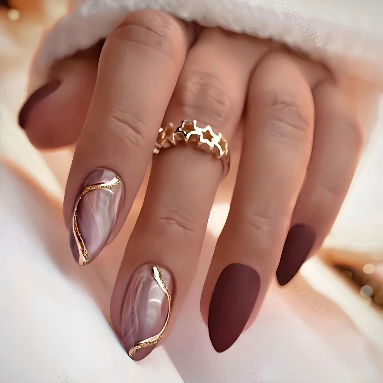 Elegant Twilight Inspired Long Almond Burgundy Press On Nail Set with Marble Design and Gold Detailing