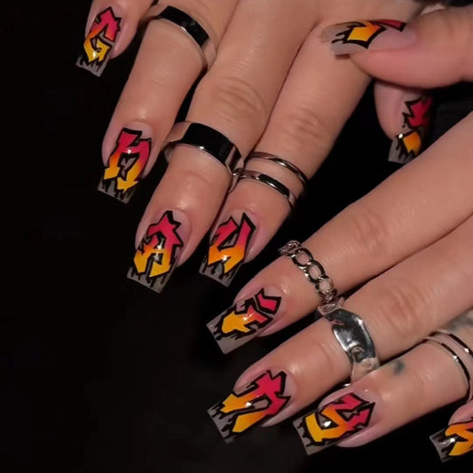 Bold Flame Art Square Press On Long Nail Set with Neon Red and Yellow Design for Eye Catching Style