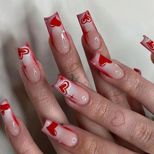 Romantic Valentine Long Coffin Red Heart Press On Nail Set with Unique Star Accents