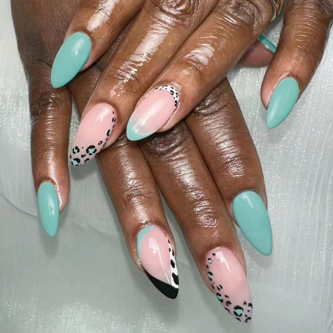 Safari Chic Press On Nail Set Long Almond Shape Turquoise Pink with Leopard Accent Design