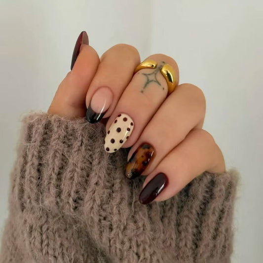 Chic Autumn Vibes Medium Almond Burgundy and Neutral With Unique Polka Dot Accent Press On Nail Set