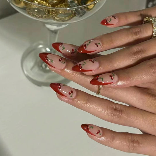 Cherry Blossom Fantasy Long Almond Shaped Red and Clear Press On Nail Set with Floral Design