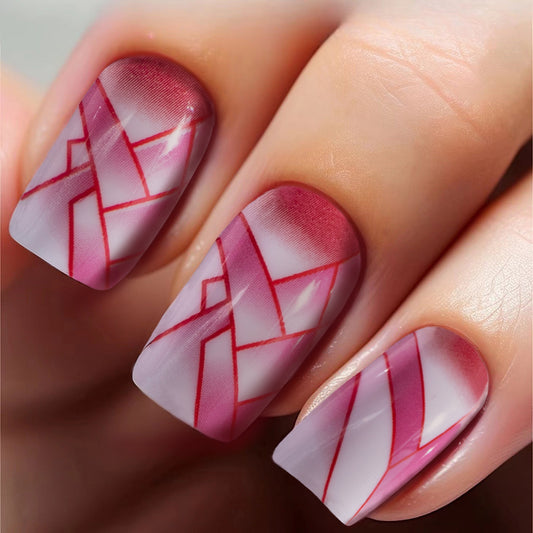 Chic Geometry Square Press On Nails Long Glossy Pink Striped Design with Gradient Finish