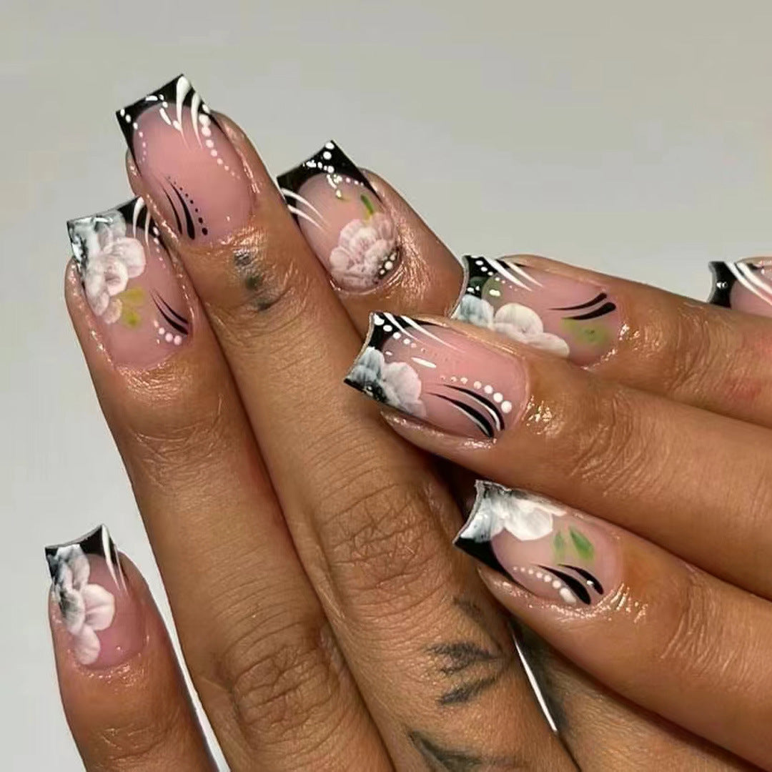 Floral Delight Long Square Press On Nail Set in Soft Pink with Elegant Black and White Design