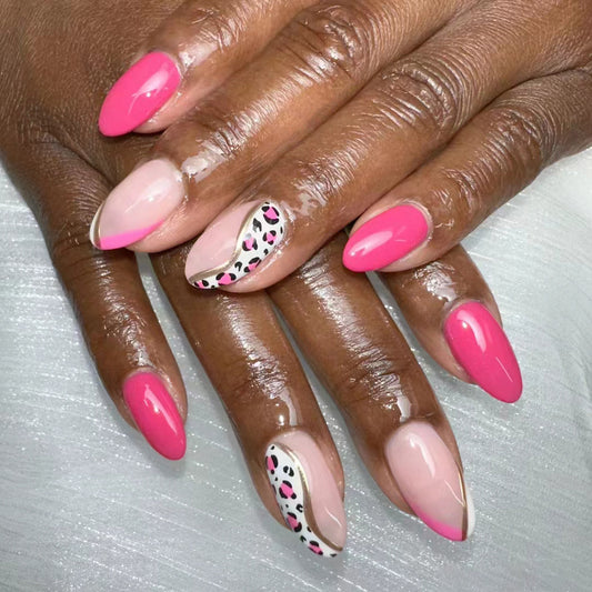 Fierce Leopard Print Glamour Long Almond Shaped Pink and Beige Press On Nail Set with Chic Accent Design
