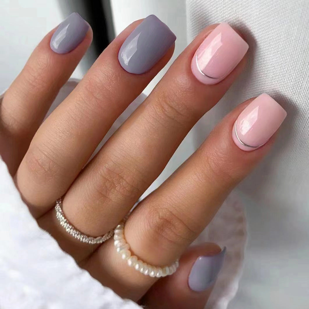 Chic Lavender and Blush Square Press On Short Nail Set with Stylish French Tip Design
