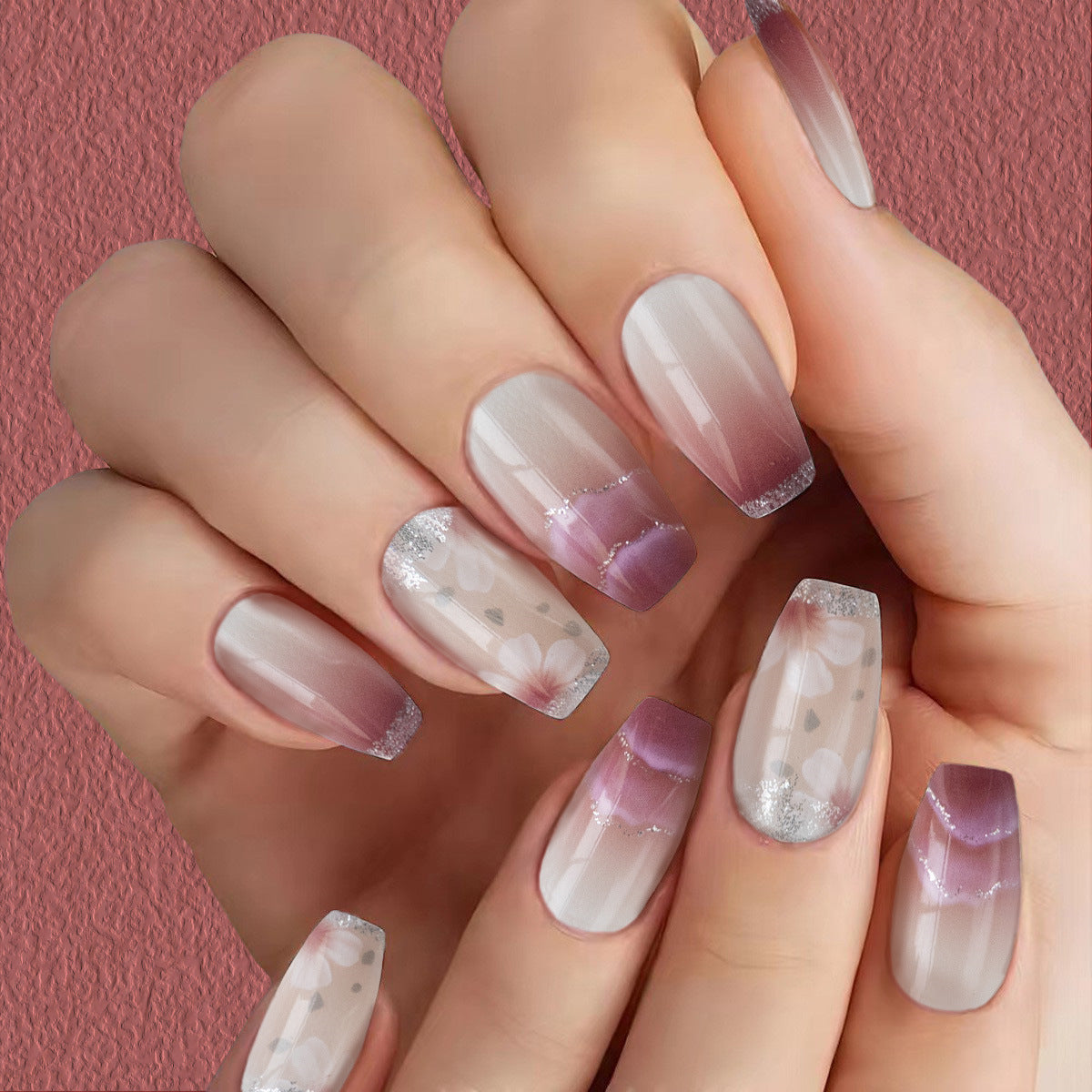 Romantic Ombre Long Coffin Pink Gradient Press On Nail Set with Floral Accents and Glitter Tips