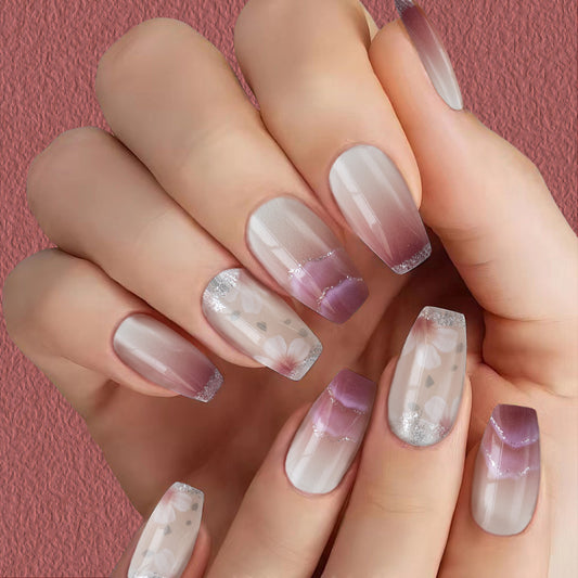 Romantic Ombre Long Coffin Pink Gradient Press On Nail Set with Floral Accents and Glitter Tips