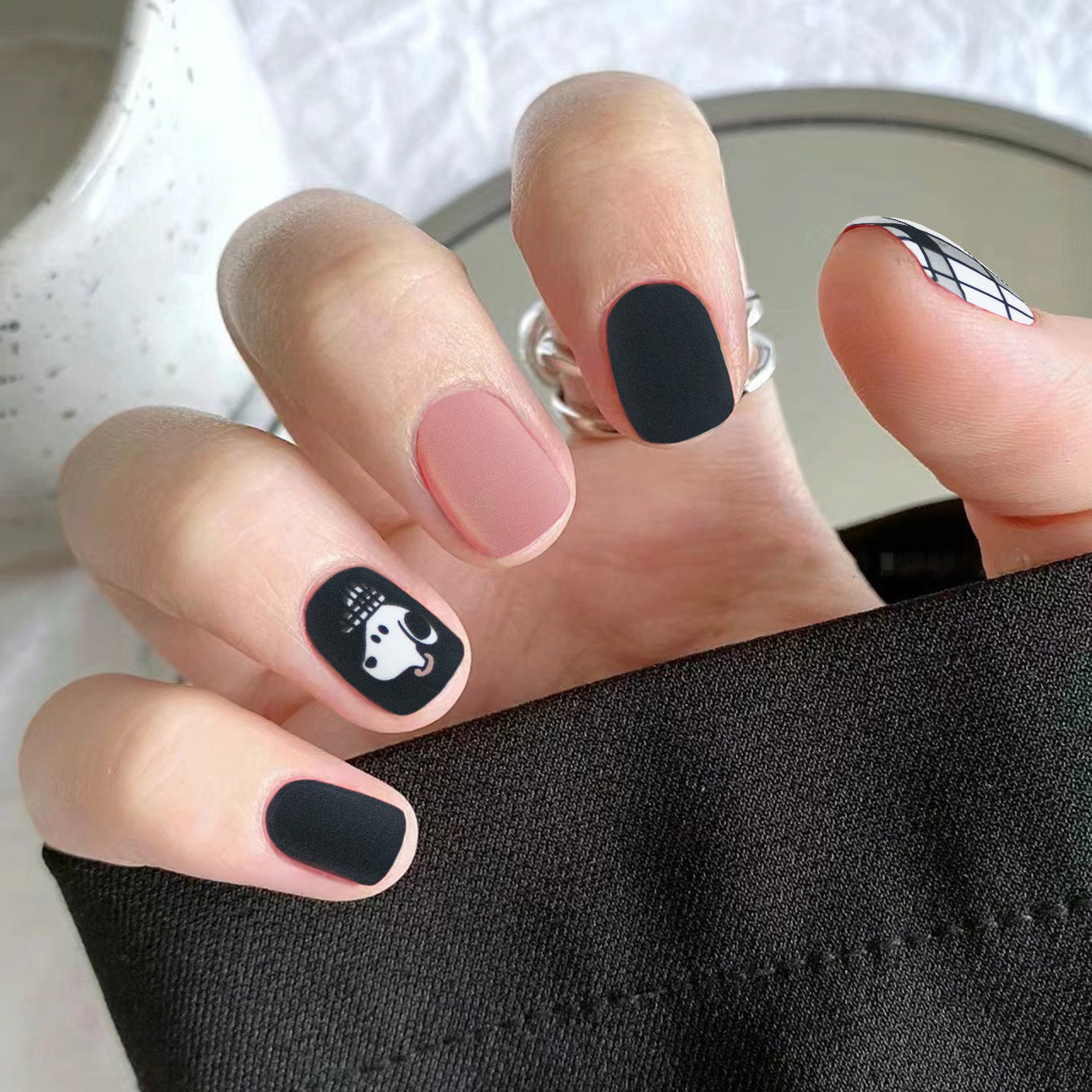 Spooky Vibes Short Square Black And Pink Press On Nail Set With Cute Ghost Accent