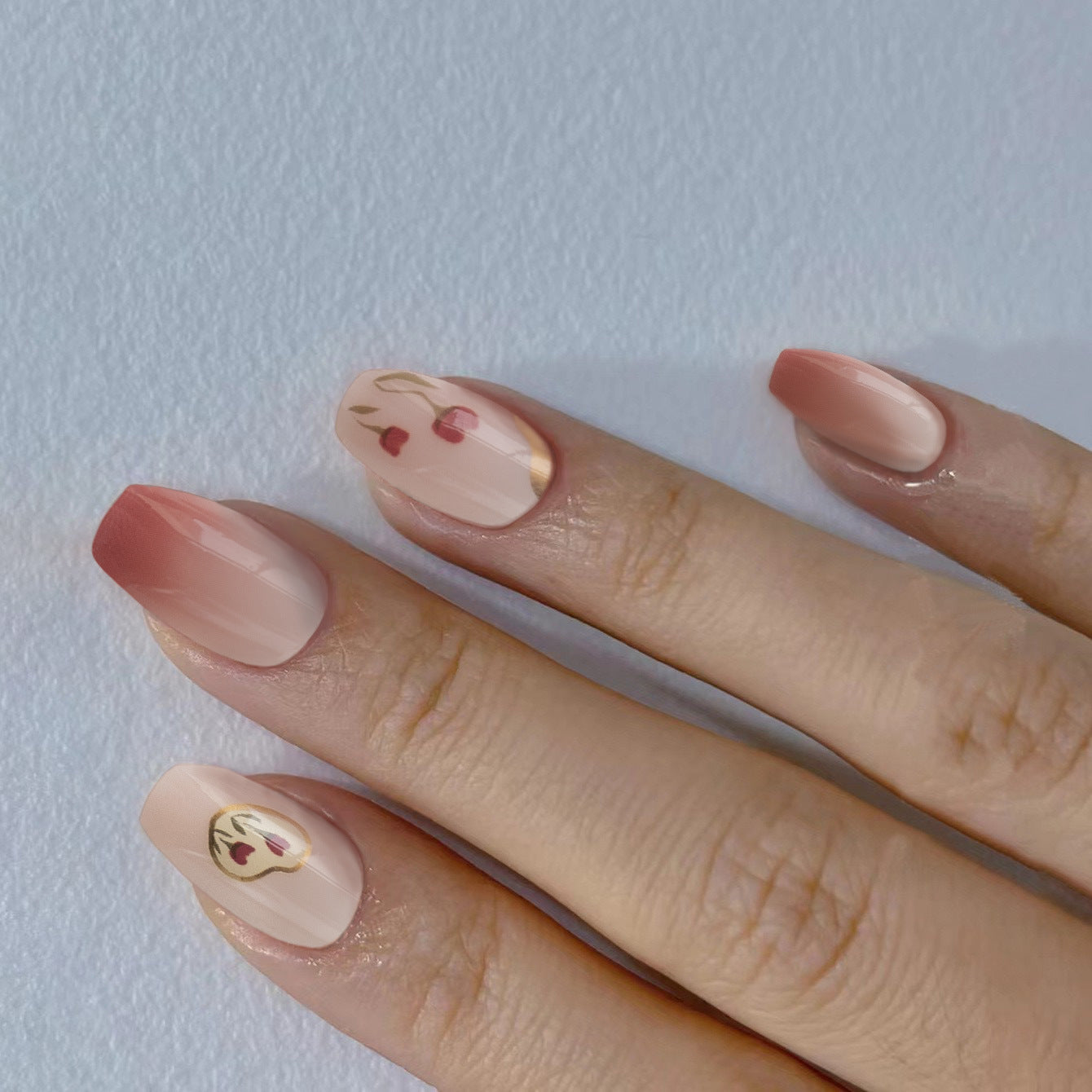 Cherry Blossom Elegance Long Coffin Pink Ombre Press On Nail Set with Floral Design