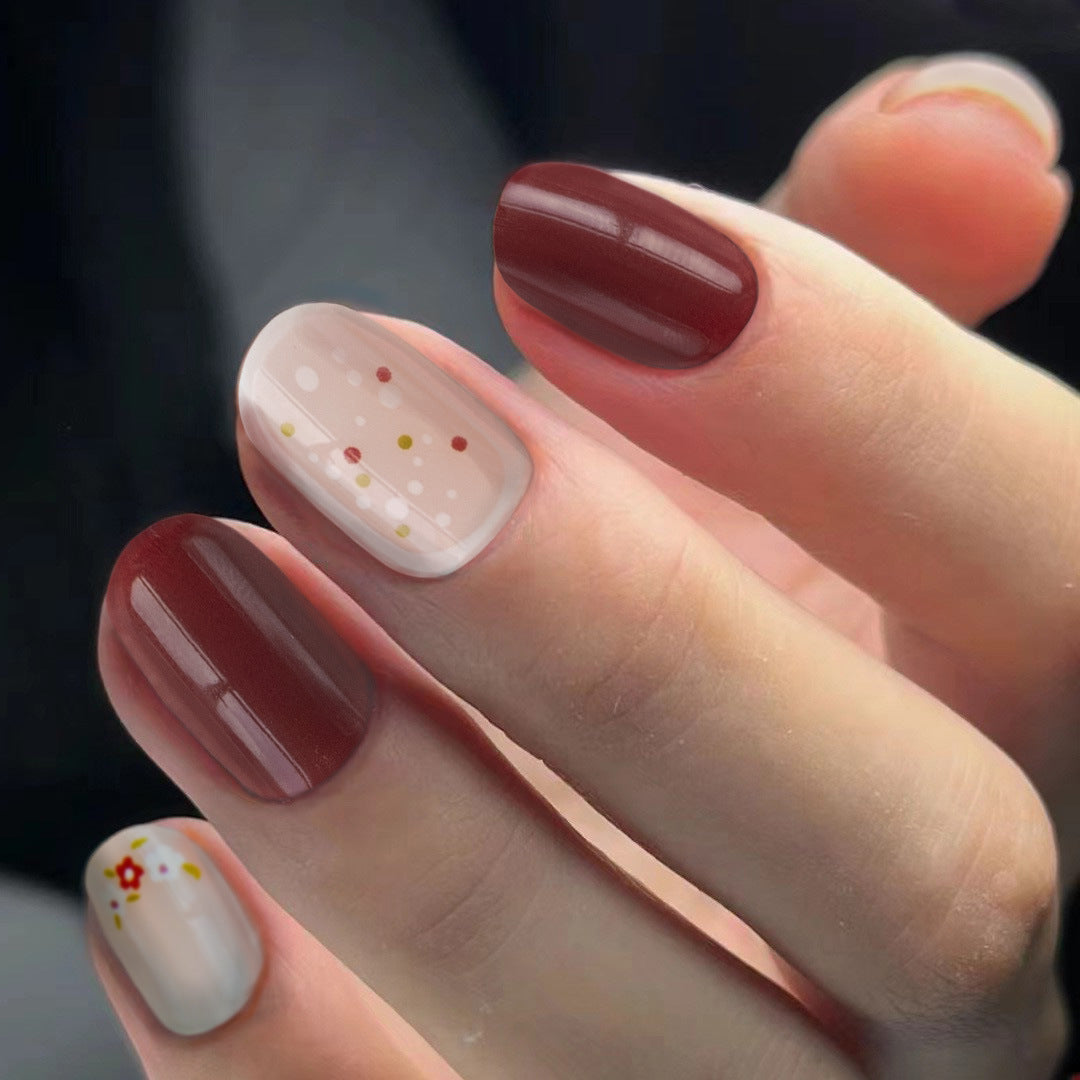 Autumn Elegance Short Almond Burgundy and Beige Press On Nail Set with Floral Accents and Polka Dots