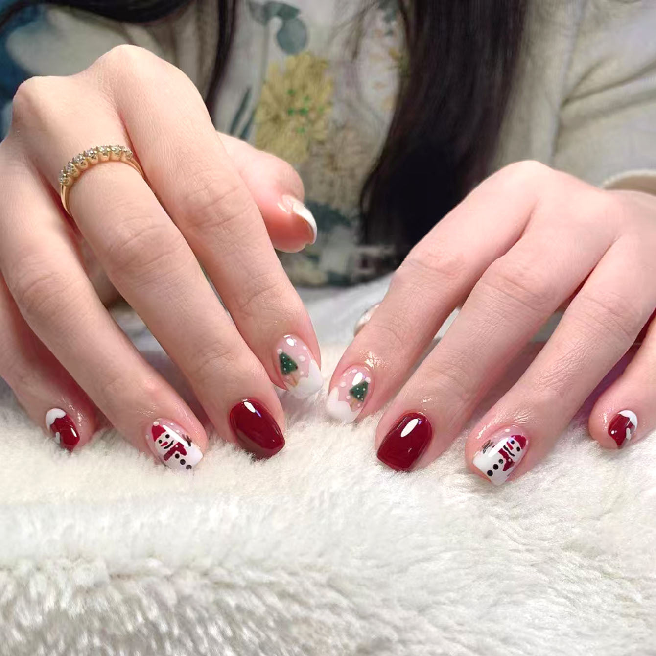 Festive Winter Wonderland Christmas Press On Nail Set Medium Square Red and White with Adorable Holiday Designs