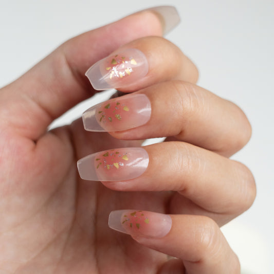 Glamorous Floral Fantasy Long Coffin Clear Press On Nail Set with Gold Leaf Accents