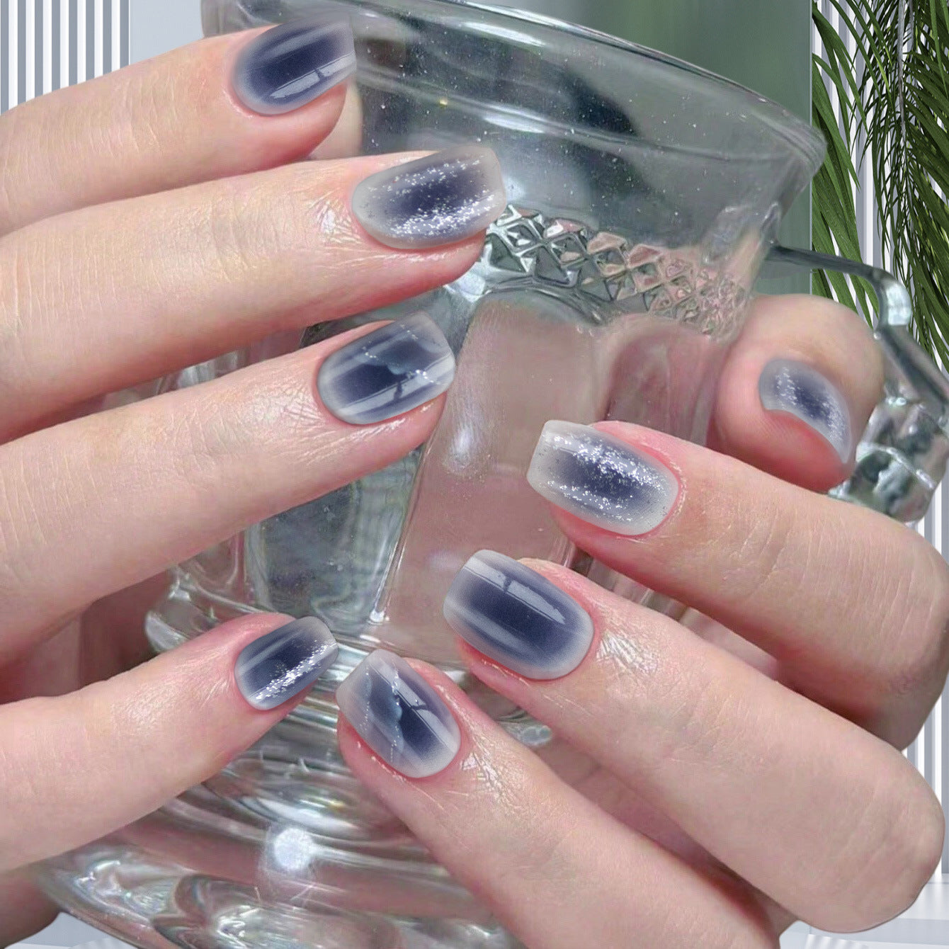 Ocean Breeze Elegant Square Press On Nail Set in Long Ombre Blue with Glitter Accents