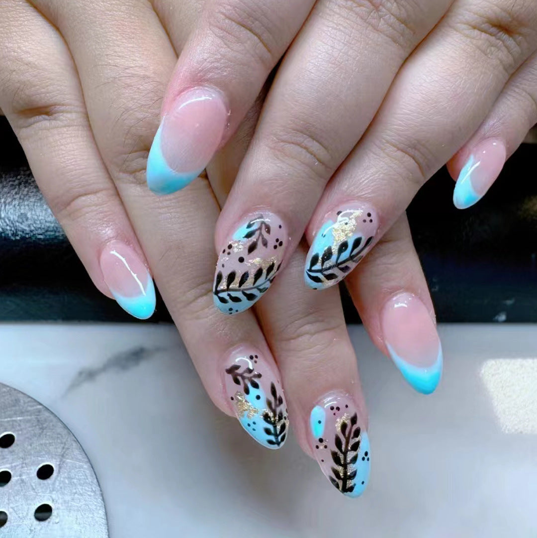 Bohemian Garden Long Almond Blue Ombre Nails with Leafy Gold Accents