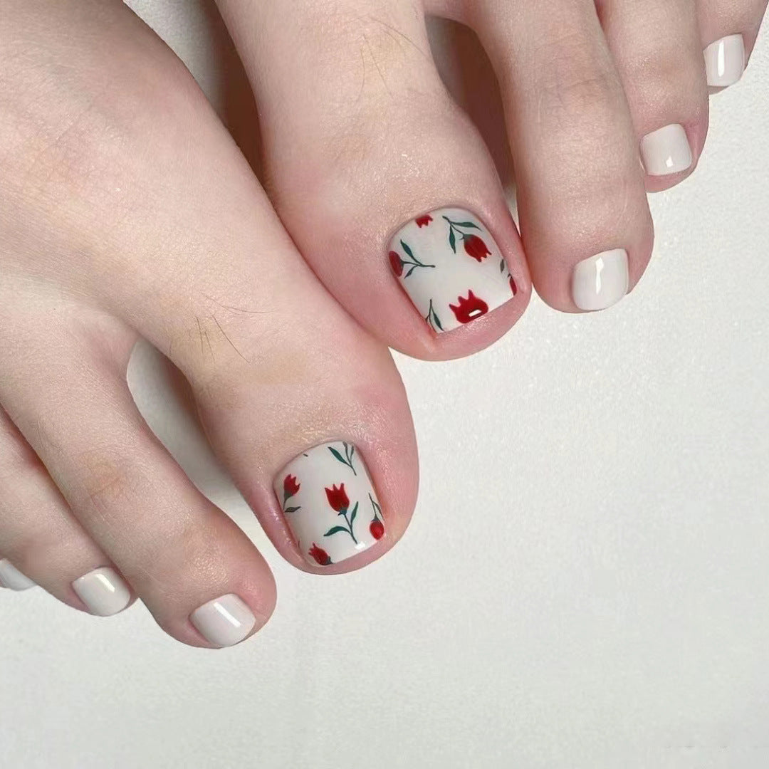 Blooming Garden Short Square Red Floral Press On Nail Set