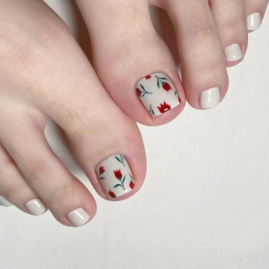 Blooming Garden Short Square Red Floral Press On Nail Set