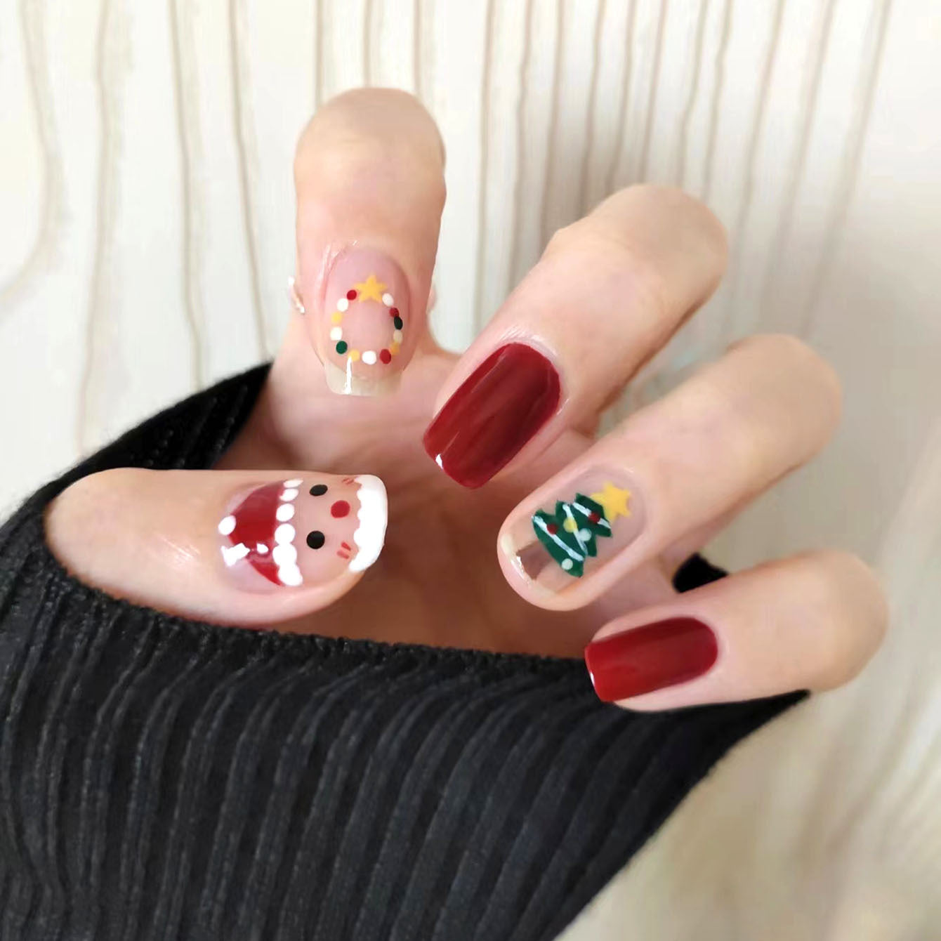 Festive Holiday Glam Medium Square Red and Clear Press On Nail Set with Christmas Tree and Santa Design