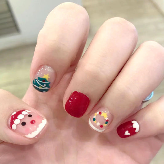 Festive Holiday Spirit Short Square Red and Clear Press On Nail Set with Charming Christmas Designs