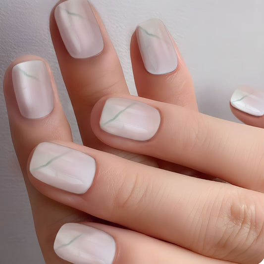 Marble Elegance Short Square Translucent White with Delicate Green Veining Press On Nail Set