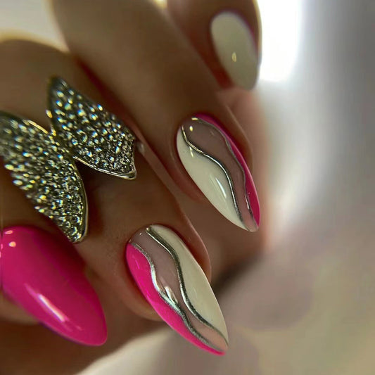 Whimsical Wave Design Long Almond Pink and White Press On Nail Set with Shiny Silver Detail