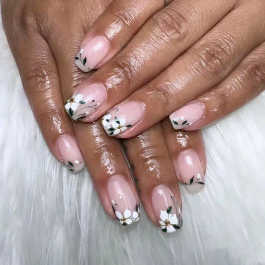 Blossom Elegance Medium Square Pink Floral Press On Nail Set with Green Leaf Accents