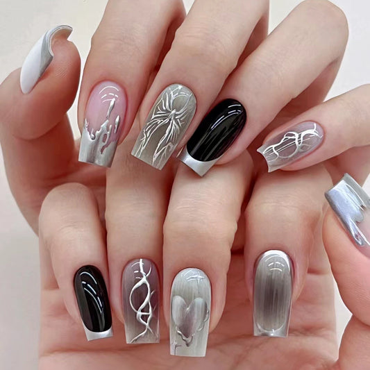 Mystical Elegance Long Square Press On Nail Set in Silver Black and Clear with Unique Artistic Designs