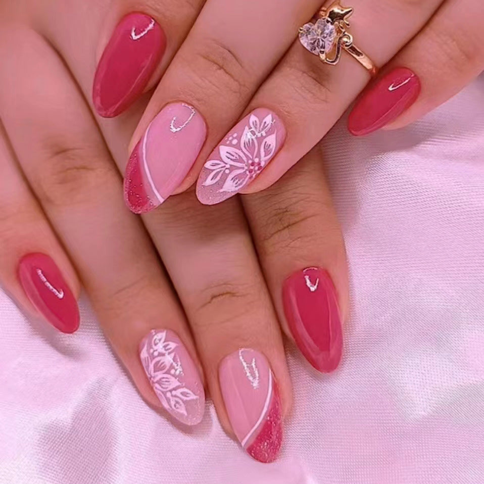 Floral Elegance Long Almond Pink Gradient Press On Nail Set with Exquisite Leaf Designs