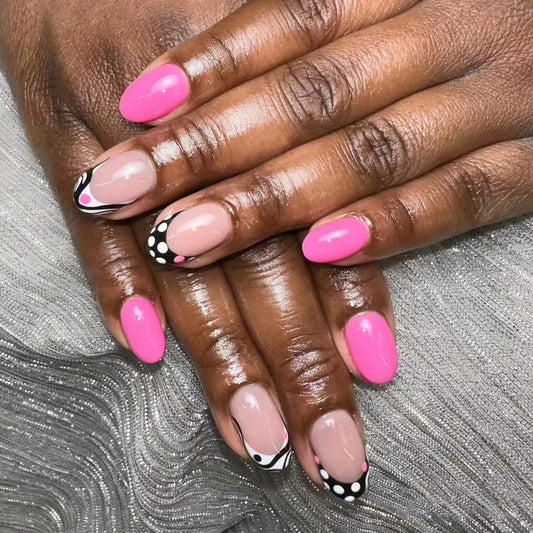 Chic Celebration Medium Almond Pink and Beige Press On Nail Set with Black and White Accent Design