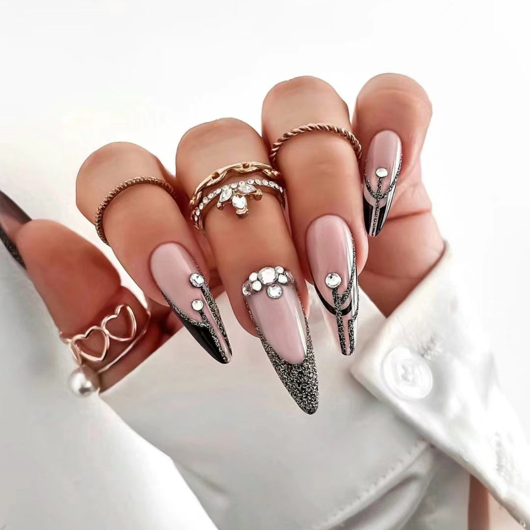 Glamorous Elegance Long Stiletto Press On Nail Set in Soft Pink and Black with Sparkling Gem Accents