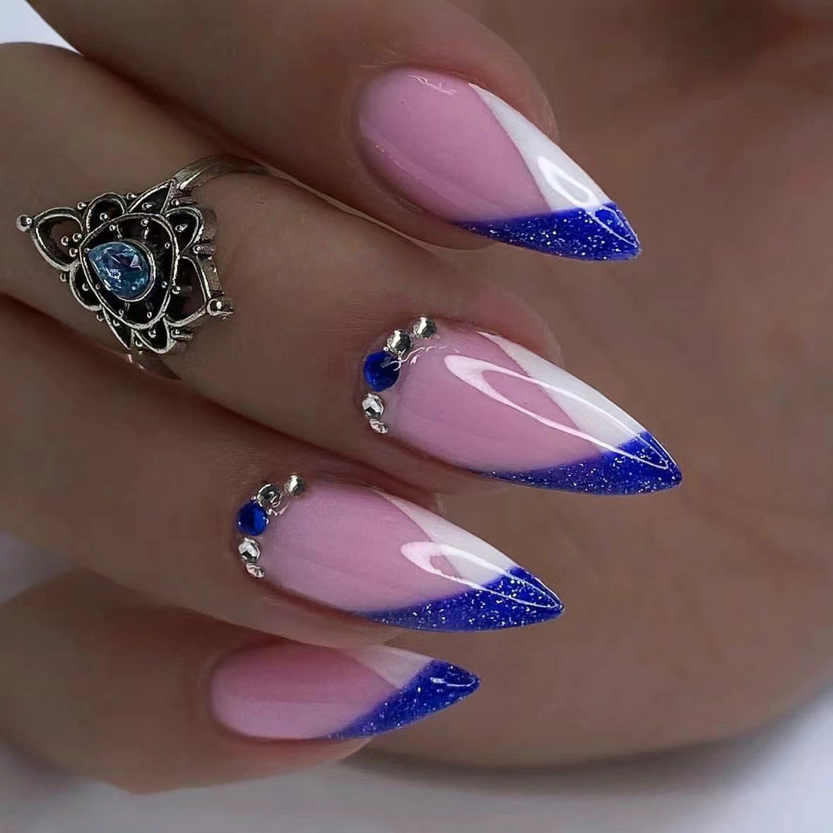 Mystical Moonlight Long Stiletto Pink and Blue Glitter Press On Nail Set with Rhinestones