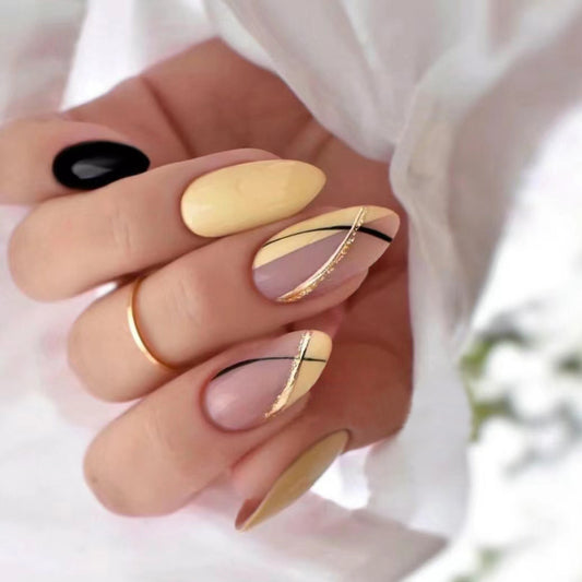 Chic Sunshine Vibes Long Almond Yellow and Black Press On Nail Set with Glittery Accent Design