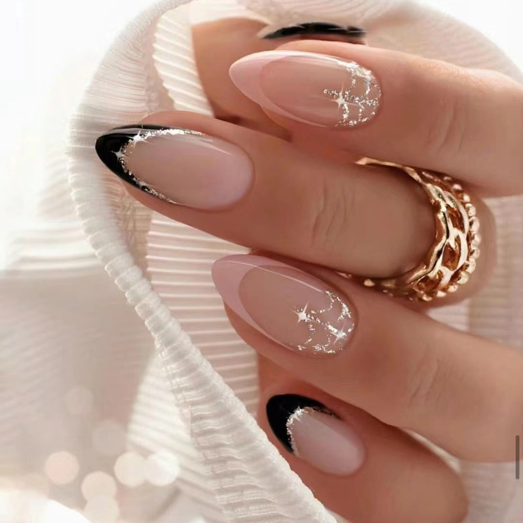 Glamorous Stardust Long Almond Shaped Pink and Black Press On Nail Set with Sparkling Accents