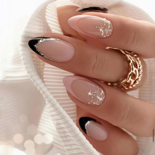 Glamorous Stardust Long Almond Shaped Pink and Black Press On Nail Set with Sparkling Accents