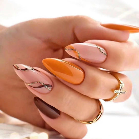 Autumn Elegance Long Stiletto Shaped Matte Orange and Brown Press On Nail Set with Unique Gold Accent Line Design