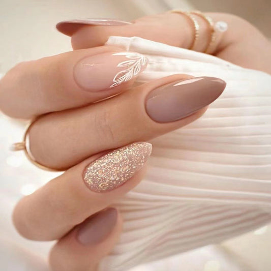Glamourous Garden Almond Shaped Beige and Sparkling Gold Press OnLong Nail Set with Elegant Leaf Design